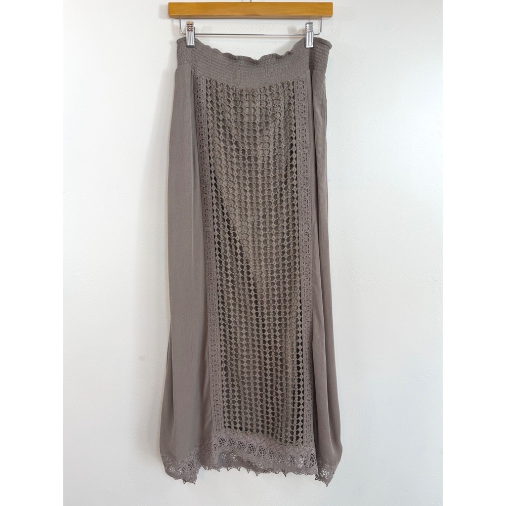 Chico's Crochet Lace‎ Maxi Skirt Taupe Smocked Boho Forest Fairy Cottage 0 Small